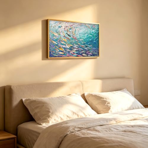 KIRFOLUC Abstract Ocean Wall Art, Large Framed Textured Print Painting - color: Fish, size: 48"L x 24"W