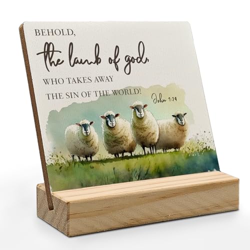 Easter Christian Lamb Desk Decor, Lamb Decor, Religious Quotes Easter Wood Plaque, Christian Bible Verse the Lamb of God Wooden Plaque Sign with Wood Stand for Home Office Decor - color: lamb sign, size: 4x4 inches