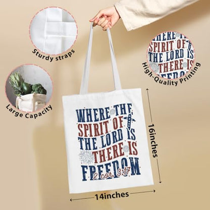 VICBOU Bible Verse Canvas Tote Bag Religious Christian Gifts for Women Men Faith Canvas Tote Reusable Grocery Bag - color: Freedom
