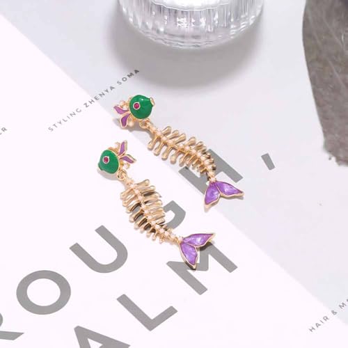 Fish Bone Earrings Drip Oil Animal Earrings Colorful Crystal Sparkly Enamel Earrings Creative Long Fishbone Earstud Dangle Fish Drop Earrings Jewelry for Women - color: Purple