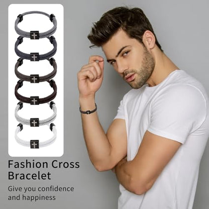PineHaven 6 Pcs Braided Cross Bracelet for Men Women, Adjustable Christian Rope Cross Bracelet with Metal Knot Religious Gifts - color: Black,White,Grey