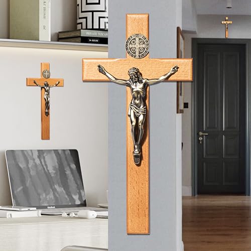 ACHIBANG Crucifix Wall Cross, 10in Wooden Catholic Jesus St Benedict Decor - size: 10"L x 5"W