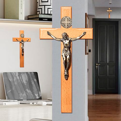ACHIBANG Crucifix Wall Cross, 10in Wooden Catholic Jesus St Benedict Decor - size: 10"L x 5"W