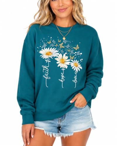 Women’s Christian Sweatshirts,Faith Hope Love Daisy Print Crewneck Long Sleeve Casual Loose Fit Sweatshirt - color: Bluegreen, size: Medium