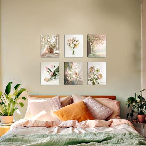 HOURIA 6Pcs Spring Flower Canvas Wall Art Set(8”x10”),Pink Green White Floral Botanical Wall Decor,Spring Nature Landscape Tulip Flowers Daisy Sparrow Art Prints for Farmhouse Living Room Bedroom Home - color: Spring Flower Canvas Wall Art, size: 8X10inch