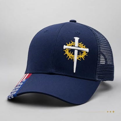 Christian Cross Baseball Cap for Men, American Flag - color: Navy Blue