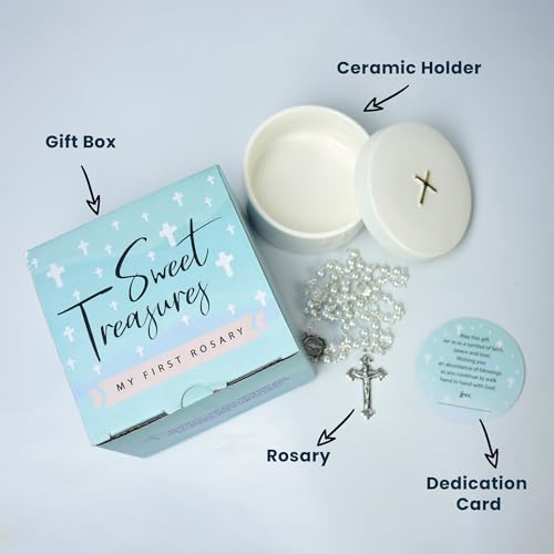 Baptism Gifts for Boys and Girls – White Rosary with Ceramic Keepsake Box and Card - color: White