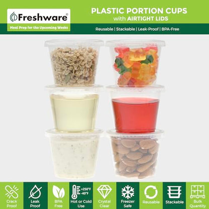 Freshware Plastic Portion Cups with Lids [5.5 Ounce, 100 Sets] Souffle Cups, Jello Shot Cups, Condiment Sauce Containers For Sampling, Sauce, Snack or Dressing - size: 5.5 oz - 100 sets