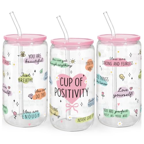 SANDJEST Inspiration Gifts - Glass Tumbler 16oz with Acrylic Lid and Straw - Iced Coffee Cups for Women, Aesthetic Glass Cup Gift for Birthday Christmas - color: Inspiration 4