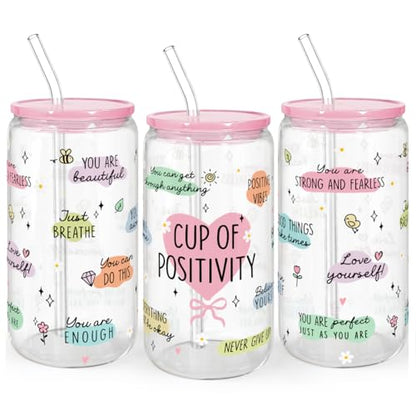 SANDJEST Inspiration Gifts - Glass Tumbler 16oz with Acrylic Lid and Straw - Iced Coffee Cups for Women, Aesthetic Glass Cup Gift for Birthday Christmas - color: Inspiration 4