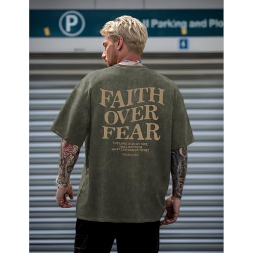 Christian Faith Over Fear Shirt for Men Jesus Religious Shirts Oversized Graphic Tees Acid Wash God T-Shirt - color: Army Green, size: Medium