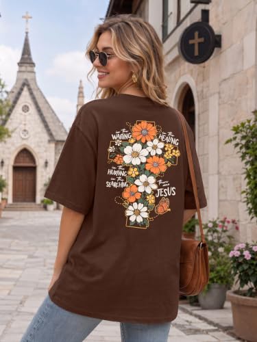 Christian Shirts Women Oversized Jesus God T Shirts Bible Verse Tees Tops - color: A-brown, size: Large