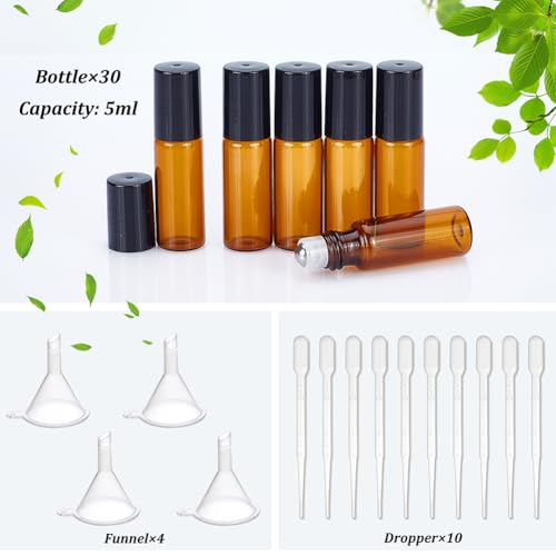 BENECREAT 30 Pack 5ml Amber Glass Essential Oils Roller Bottles with Stainless Steel Roller Balls 10Pcs 3ml Droppers, 4Pcs Funnels, 1Pc Openers for Essential Oils/Other Liquids - color: Light Brown, size: 5ml
