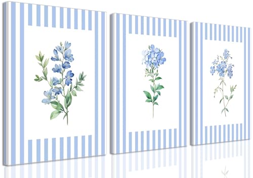 DAXINGJ Blue Floral Wall Art Set of 3, Cottagecore Botanical Canvas Decor - color: blue flower anvas, size: 24"L x 16"W