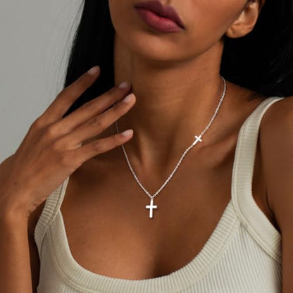Cross Necklace for Women 14K Gold Silver Plated Small Cross Necklace Dainty Cross Pendant Choker Simple Trendy Cute Sideway Cross Charm Chain Necklaces for Women Trendy Christian Baptism Religious Faith Jewelry Gifts - size: Silver-153