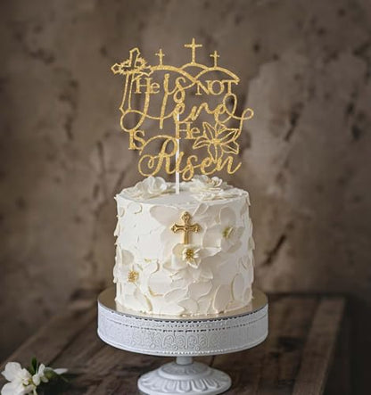 He is not Here He is Risen Cake Topper, Spring Easter Religious Party Decorations, Empty Tomb Jesus is Risen Decorations Gold Glitter
