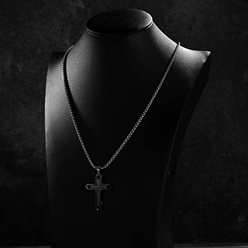 Men's Stainless Steel Cross Necklace,Two-Tone Black & Blue Carbon Fiber Pendant - Included Gift Box - style: Black XL005