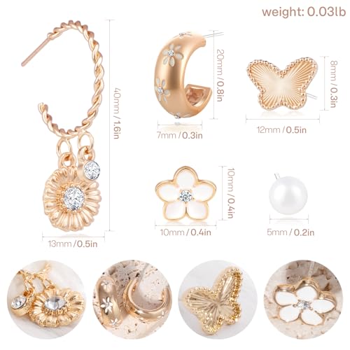 Gold Earrings Set for Women 14K Gold Plated Cubic Zirconia Love Heart Bowknot Clover Fruit Flower Insect Ocean Cross Huggie Hoop Earrings Stud Earrings Set for Multiple Piercing Party Jewelry Gifts - style: Flower Butterfly