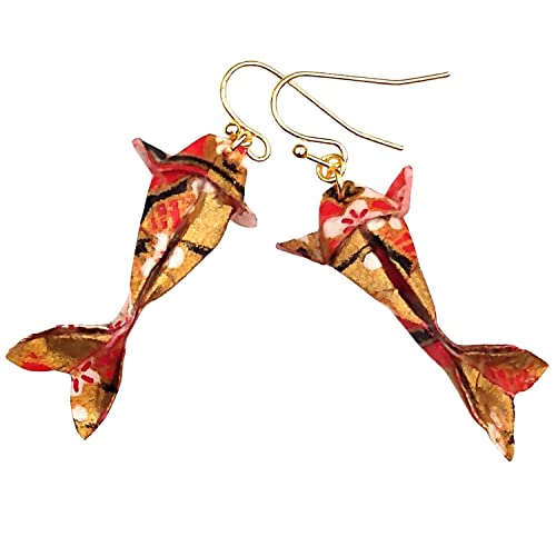 Paper Origami Koi Fish Earrings, 6 Color Patterns - color: Gold Red White