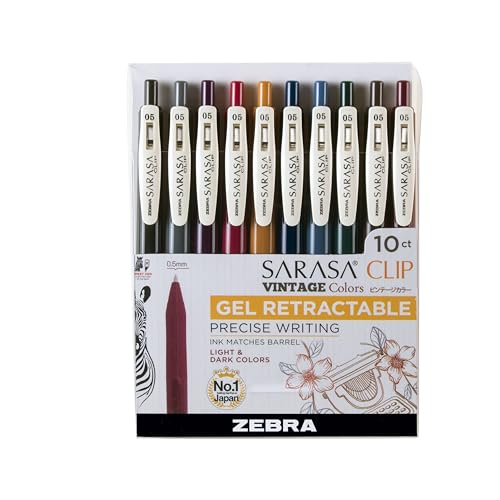 Zebra Pen SARASA Clip Retractable Gel Pen, Assorted Vintage Ink, 10-Pk - color: Neutral Vintage C