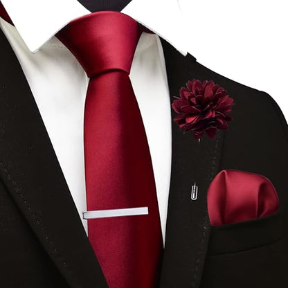 Branduce 3.15"（8cm） Mens Tie and Lapel Pin Solid Necktie Handkerchief Tie Clip Set for Men - color: Burgundy