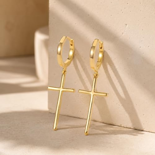 14K Gold Cross Hoop Earrings for Women Dangle Huggie Earrings