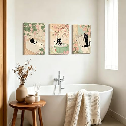 WENGTIAO 3Pcs Japanese Funny Black Cat Bathroom Wall Art Prints 12"x16" - color: Black Cat Bathroom, size: 12"x16"x3Pcs
