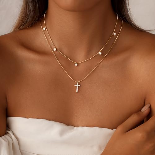 Rotnso Cross Necklace for Women 14K Gold Plated Dainty Small Pendant Choker - style: 2 Layered Bead+Diamond Cross-GD