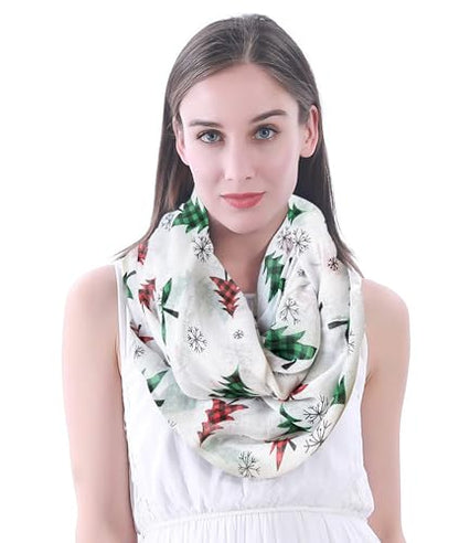 Lina & Lily Holiday Christmas Pattern Print Women's Infinity Scarf Lightweight - color: White Green Red, Xmas Tree