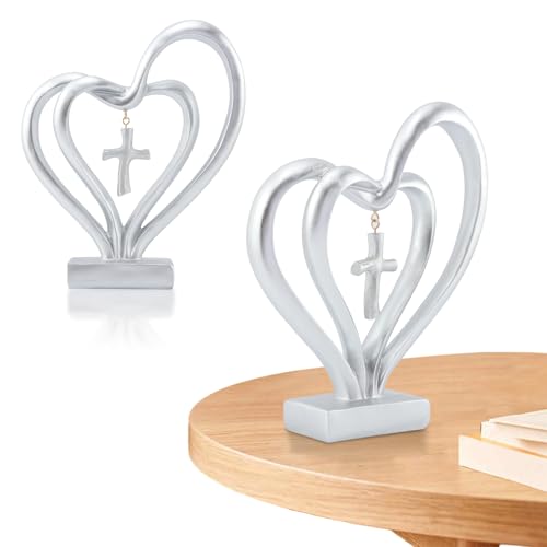 Double Heart Sculpture, Romantic Resin Sculpture of Two Hearts and Cross for Table Shelf Ornaments, Double Heart Figurines for Valentines Anniversary Wedding Couple Gift(COLOR:silver)