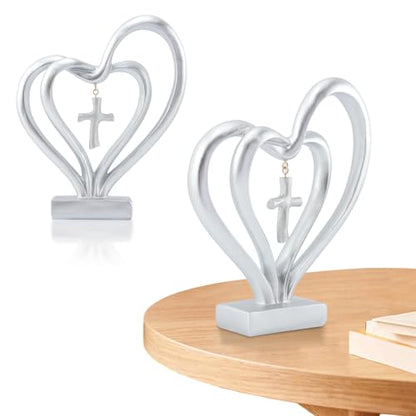 Double Heart Sculpture, Romantic Resin Sculpture of Two Hearts and Cross for Table Shelf Ornaments, Double Heart Figurines for Valentines Anniversary Wedding Couple Gift(COLOR:silver)