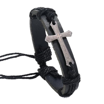 Religious Cross Leather Bracelet Adjustable Bangle Braided Jewelry for Men Cross Alloy Bracelet - color: Black