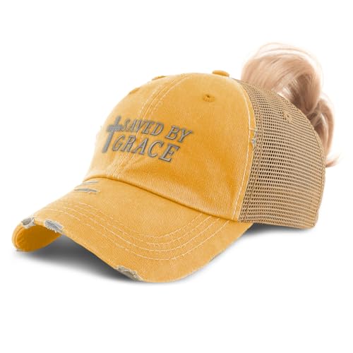 Custom Ponytail Baseball Cap Saved By Grace Jesus Christian Religious - color: Mustard Design Only