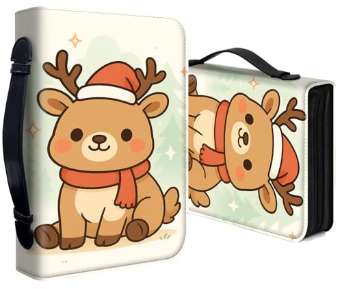 Bible Cover for Women Large PU Leather Zippered Bible Case with Handle and Cute Christmas Reindeer Design, Christian Bible Cover for Girls & Women, Cover Fits Standard 9.5"x7.5"x2.3" Bible - color: Cute Christmas Reindeer