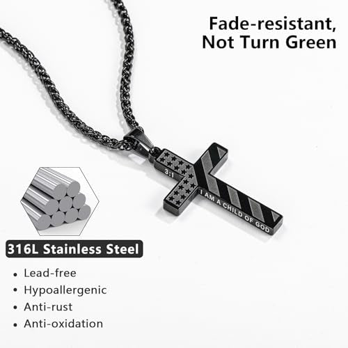 Cross Necklace for Men, 316L Stainless Steel American Flag Bible Verse Christmas Christian Catholic Baptism Confirmation Gifts 22+2 Inches - color: Black, style: 3:1 I AM A CHILD OF GOD