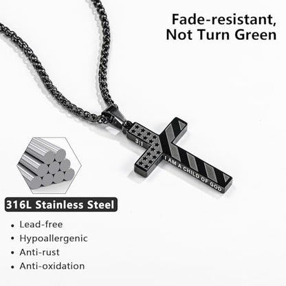 Cross Necklace for Men, 316L Stainless Steel American Flag Bible Verse Christmas Christian Catholic Baptism Confirmation Gifts 22+2 Inches - color: Black, style: 3:1 I AM A CHILD OF GOD