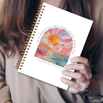 JINYO Boho Sunrise Christian Notebook, His Mercies are New Every Morning Bible Journaling Notebook, Prayer Journal for Woman, Church Notes Journal, Scripture Spiral Notebooks 5.5x8.3 Inch - color: white Boho Sunrise Christian Notebook