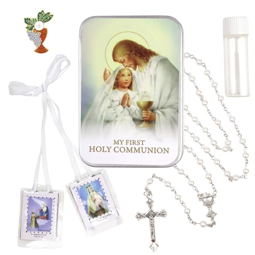 Needzo Girls First Communion White Gift Set, Includes Tin Case, Rosary, Scapular, Holy Water Bottle, and Pin, Catholic Keepsakes, 5 Items