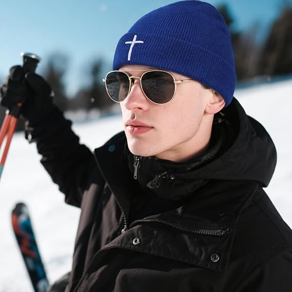 Unisex Stretch Warm Winter Skull Cap, Cold Weather Knit Beanie - color: Blue - 3d Cross Embroidery