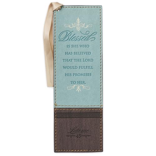 Christian Art Gifts Faux Leather Scripture Bookmark: Blessed is She - color: Brown/Blue - Blessed