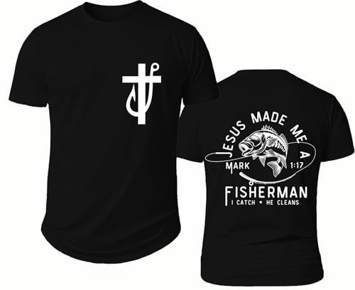 Fishers of Men Shirt, Funny Fishing Shirts, Jesus Made Me A Fishermen Tee - color: Black-y, size: Medium