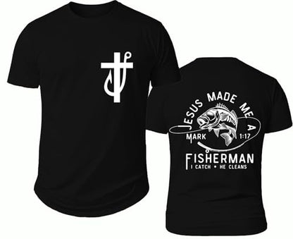 Fishers of Men Shirt, Funny Fishing Shirts, Jesus Made Me A Fishermen Tee - color: Black-y, size: Medium