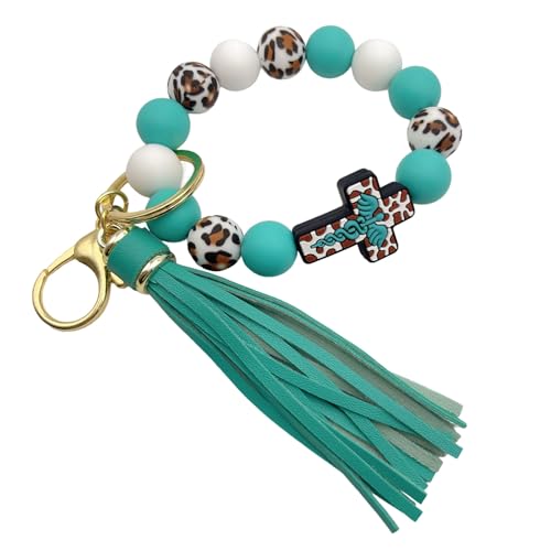 Beaded Keychain Wristlet Silicone Cross Elastic Wrist Key Ring Tassel Bangle Key Chains for Car Key Bracelet Women - color: Leopard Turquoise
