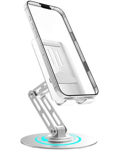 360° Rotating Cell Phone Stand for Desk, Adjustable Foldable Aluminum Phone Holder with Anti-Slip Base, Sturdy Desktop Stand Compatible with iPhone, iPad, Android Phones – Silver - color: Silver