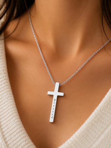 Engraved Cross Necklace for Men, Women & Boys & Girls Cross Necklace, Stainless Steel Cross Pendant Necklace, Faith & Inspiration Christian Jewelry Gift - color: Blessed