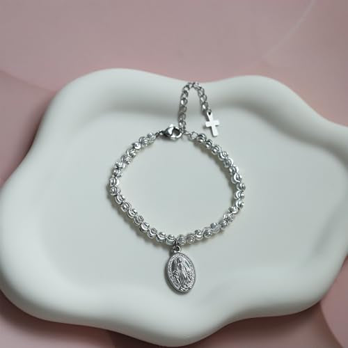 Rnivida 14K Gold Plated Stainless Steel Catholic Rosary Bracelet for Women,Religious Gift for Confirmation Baptism First Communion Easter - color: Silver