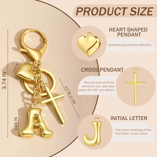 Initial Bag Charms Keychains Women, Cross Cute Heart Letter Key Chain Purse Backpack Handbags Keychain Christian Gift - color: Gold Q