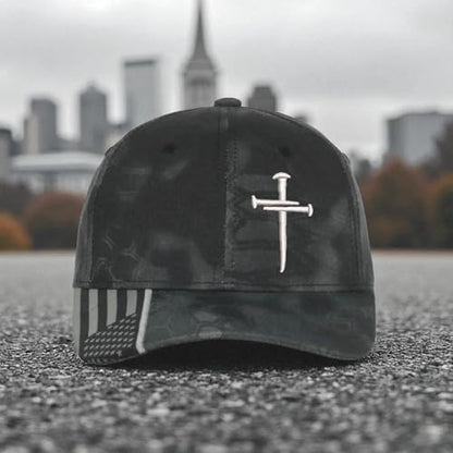 Christian Cross Baseball Cap, Religious Cross Design, Typhoon CAMO HAT Silver Embroidery Jesus Hat - Adjustable Buckle Back Hat. Free 4" Sacred Nails Faith Decal