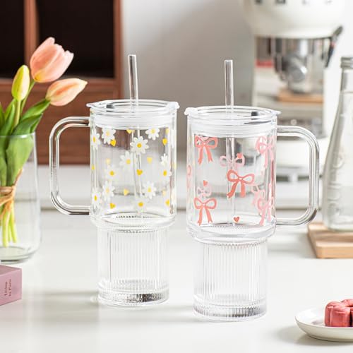 INSETLAN 26 oz Glass Tumbler with Handle, 2-Pack Iced Coffee Cups - color: 2 Pcs - Daisy