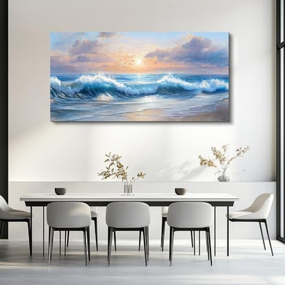 XIGUANGART Beach Pictures Wall Art,Coastal Sunrise Seascape Painting 24x48 - color: Sea Wave Painting, size: 48"L x 24"W